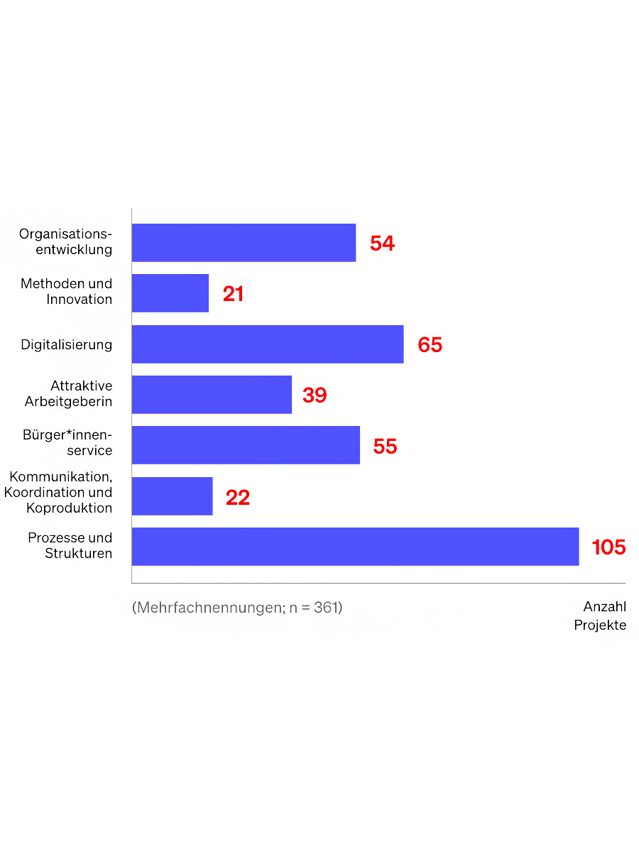 Balkendiagramm visualisiert die Verteilung der Projektinhalte auf die Themen Organisationsentwicklung, Methoden und Innovation, Digitalisierung, Attraktive Arbeitgeberin, Bürger*innenservice, Kommunikation, Koordination und Koproduktion, Prozesse und Strukturen