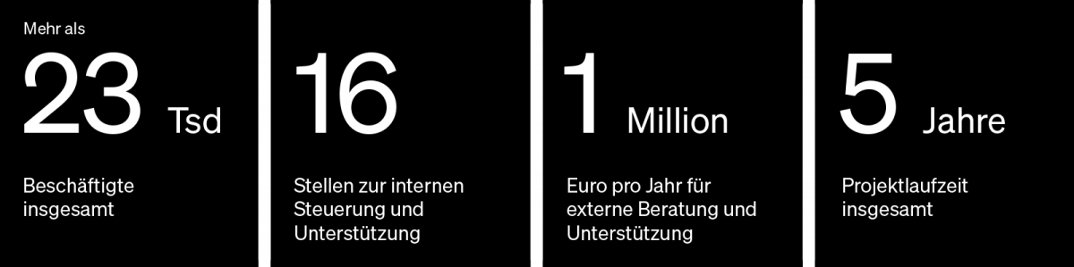 Mehr als 23.000 Menschen arbeiten bei der Stadt Köln. Für unsere Reform stehen insgesamt 16 Stellen intern für Steuerung und Unterstützung zur Verfügung. Zusätzlich stehen finanzielle Mittel in Höhe von einer Million Euro pro Jahr für externe Beratung bereit. Die Projektlaufzeit beträgt fünf Jahre (2017 bis 2022).